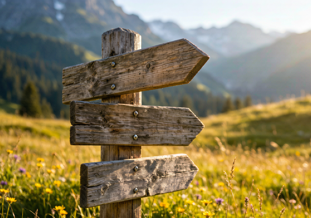 TrailKit Depot - wooden trail signpost in an alpine meadow