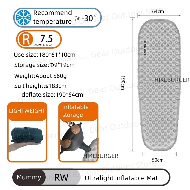 Light tour R Value 7.5/4.2 Outdoor Camping Sleeping Pad Portable Moisture-proof Pad Hiking Inflatable Mat