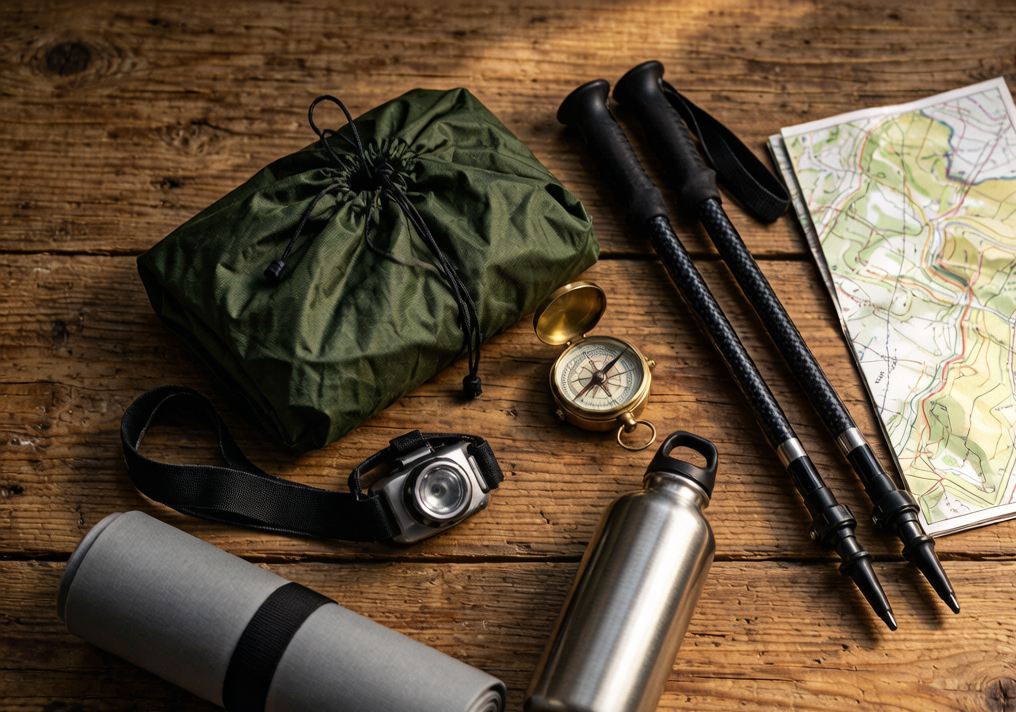 TrailKit Depot - flat lay of ultralight outdoor gear on wood